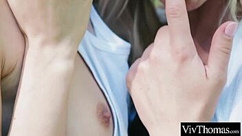 sexy blonde and hot brunette kiss in forest then get intimate indoors