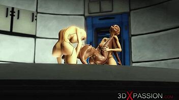 in the secrets of area 51, 3d dickgirl androids play with a sexy ebony woman in the lab