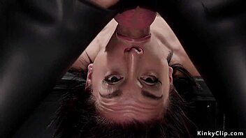 Slave in stockings gets roughly fucked and cummed in this kinky threesome bondage scene