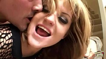 kinky blonde bends over for double penetration and cum swallow