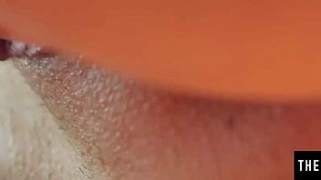 Sexy Blonde Girl Rubs Cream on Big Tits and Hairy Pussy in Close-Up