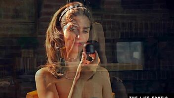 Sexy Blonde Girl Rubs Cream on Big Tits and Hairy Pussy in Close-Up