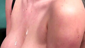 Slut gets covered in cum while eating cream