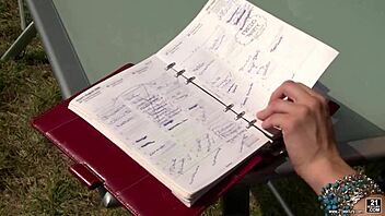 Ally gives footjob to gardener's big cock in the garden!