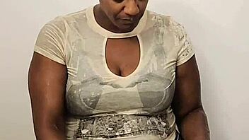 Ebony Babe Intensely Masturbates in Shower While Fully Clothed