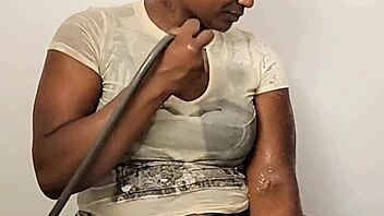 Ebony Babe Intensely Masturbates in Shower While Fully Clothed