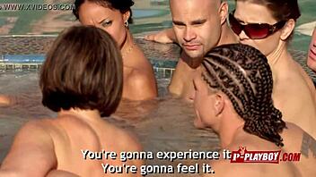 Joe and kristen foreplay in pool with swingers