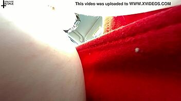 Unaware giantess hides tiny man in her big tits