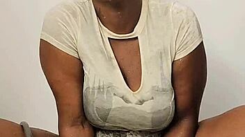 Ebony Babe Intensely Masturbates in Shower While Fully Clothed