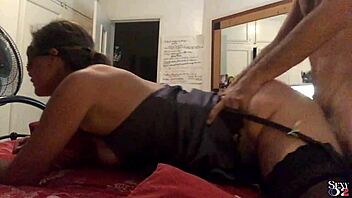 French amateur fucked doggystyle in satin nightie, garter belt, heels, stockings, with dirty talk and rimming.