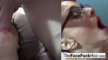 Watch this sexy babe in glasses take cock down her throat!