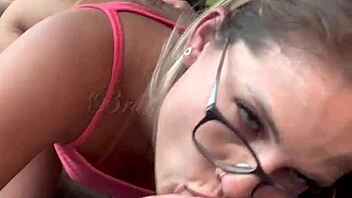 Blonde in sheer costume gives deep throat blowjob in Uber traffic.