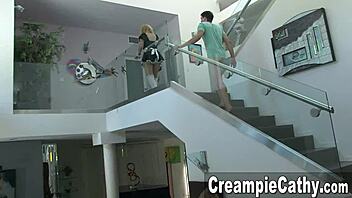 young guy creampies maid's pussy with spanking.