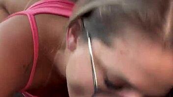 Blonde in sheer costume gives deep throat blowjob in Uber traffic.