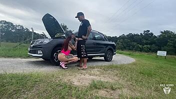 Helping a stranded redhead in the woods led to sex