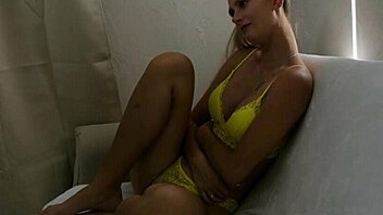 Beautiful blonde Missdriada in hot scene with facial cum on her shirt