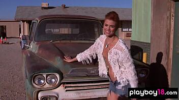 Classy short haired babe britt linn strips for naked outdoor swim