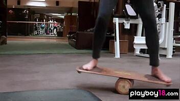 Classy short haired babe britt linn strips for naked outdoor swim