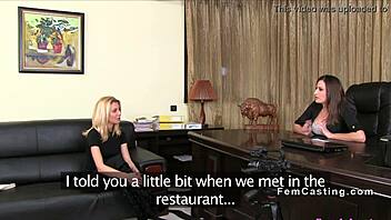 Blonde agent fingers her natural big tits on sofa during interview