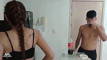 Sexy young Latina gives blowjob in kitchen.