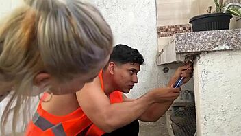 builder fucks boss's blonde wife ann on outdoor deck while angel cruz watches