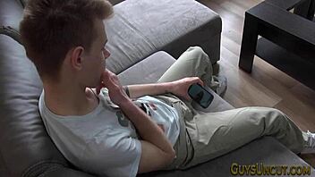 Watch This Uncut Hunk Stroke His Dick Solo Until Cumshot?