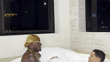 black and latino gays fuck in sauna, riding and bent over in public outdoor.