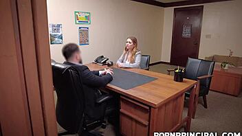 pervy principal peter green fucks kira fox mouth, then her pussy over the office table.