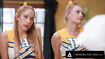 Cheerleaders swap cum after intense group session with coach