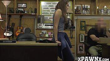 Pretty woman bangs for cash before pawning stuff. Wild office vibe! 😜