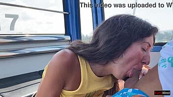 Close up of a beautiful young woman giving a blowjob on a Ferris wheel in an amusement park