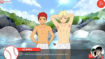 Public forest and hot springs action with young twinks