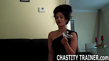 femdom locks slave's cock in chastity device for humiliation