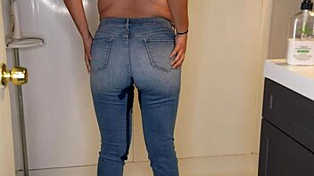 Incredible! Wetting jeans in the shower for messy pee pants fun!