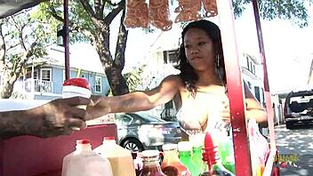 ebony girl rides big black cock on sofa