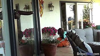 britney blue toys with dildo outdoors in wild play.