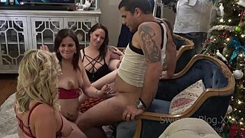 Swingers' Wild Party: Brunette Wife Swallows Cum Amidst Blowjobs