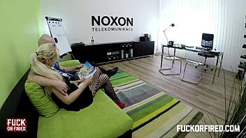 A creampie for a horny blonde in stockings, with anal and roleplay at the office.