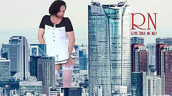 Amazing giantess walks around city