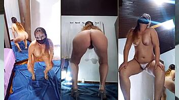 undressing black transparent dress and crystal panties