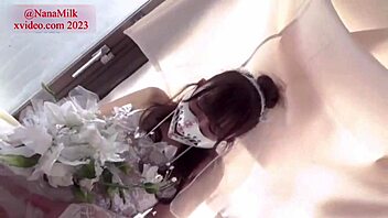 Stunning bride in wedding dress squirts hard with intense dildo play.