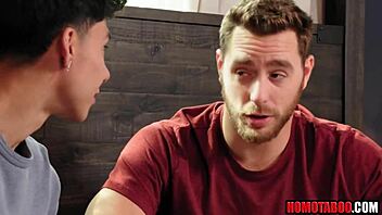 Hot jock Carter Woods shows young stepbrother the ropes in gay sex.