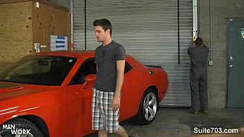 Sexy gay mechanic: Suck my big cock in the garage.