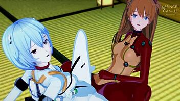 Asuka and Rei synchronize their tight juicy pussies in Evangelion hentai.