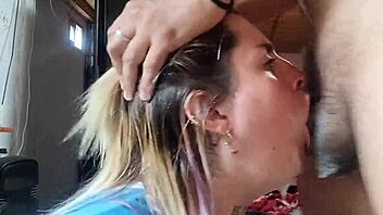 Blonde slut swallows friend's cumshot after deepthroat and spitting