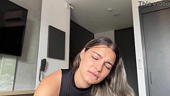 I seduce my married neighbor to pound my hairy pussy while his wife searches for him.