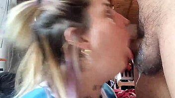 Blonde slut swallows friend's cumshot after deepthroat and spitting