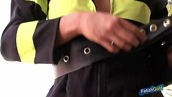 Female firefighter does hot outdoor striptease