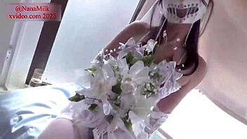Beautiful Asian bride-to-be gets a nice cum shower in her wedding dress