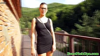 euro slut with glasses gets messy facial outdoors after handjob